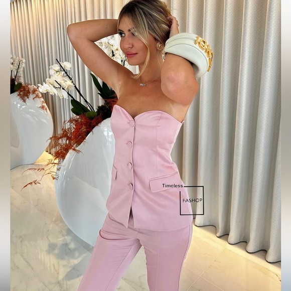 ZARA 2 PIECE SET FLARED SATIN PANTS AND BUSTIER VEST PINK - Picture 7 of 7